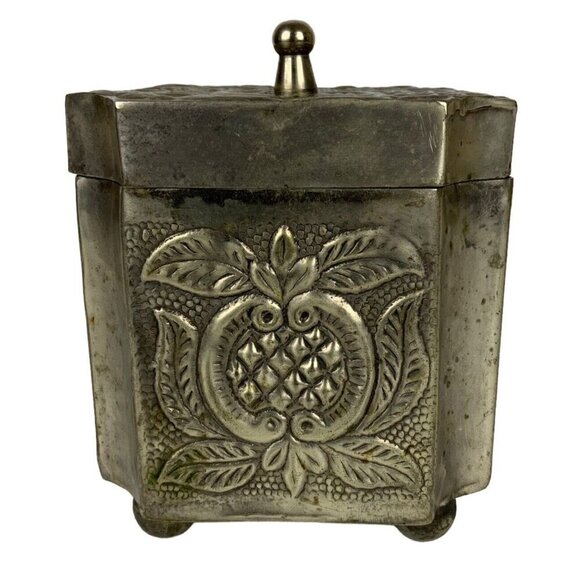 Embossed Metal Lidded Trinket Box Silver Floral Decorative Organization Patina - Picture 3 of 9